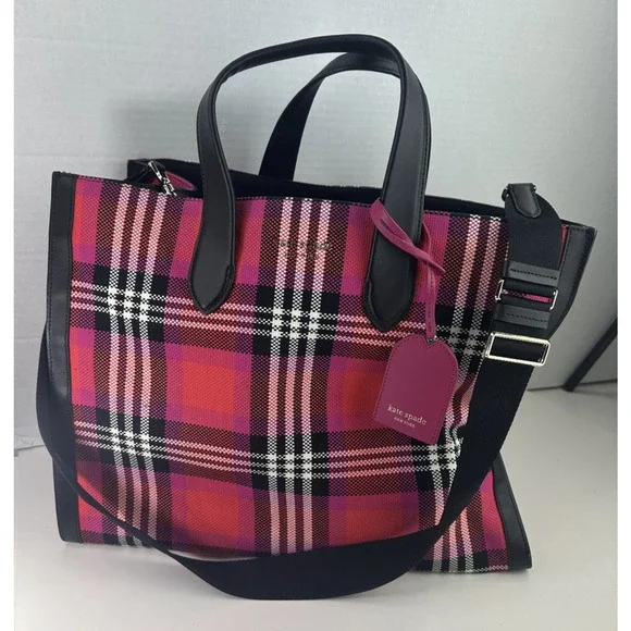 kate spade new york Manhattan Foliage Plaid Fabric Large Tote Bag Pink Multi EUC - Picture 6 of 14